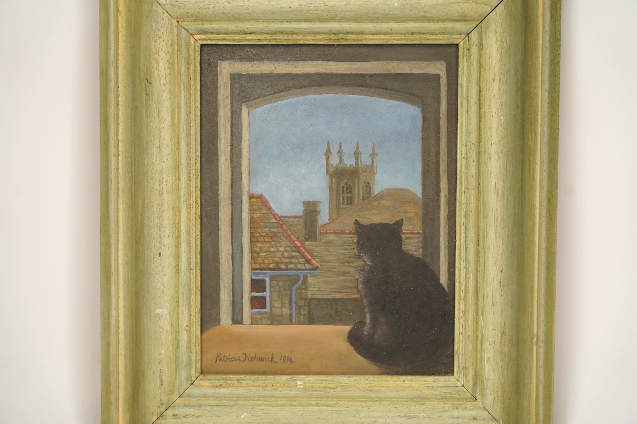 Patricia Fishwick (b.1929), oil on board, Study of a cat before a window, signed and dated 1994, 21.5 x 16.5cm. Condition - fair to good